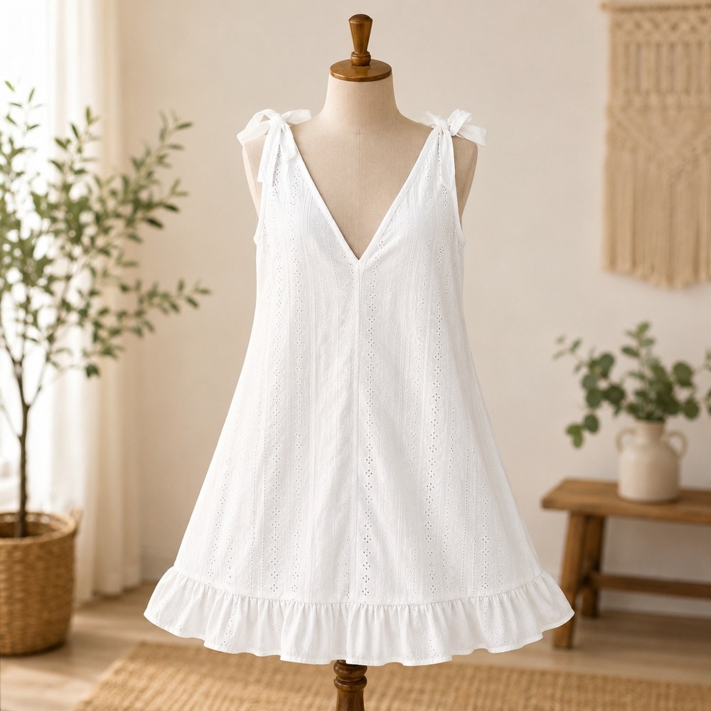 NWT Cupshe Swim Cover Up Dress Womens XL White Eyelet Ruffle Tie Shoulder 1950‎